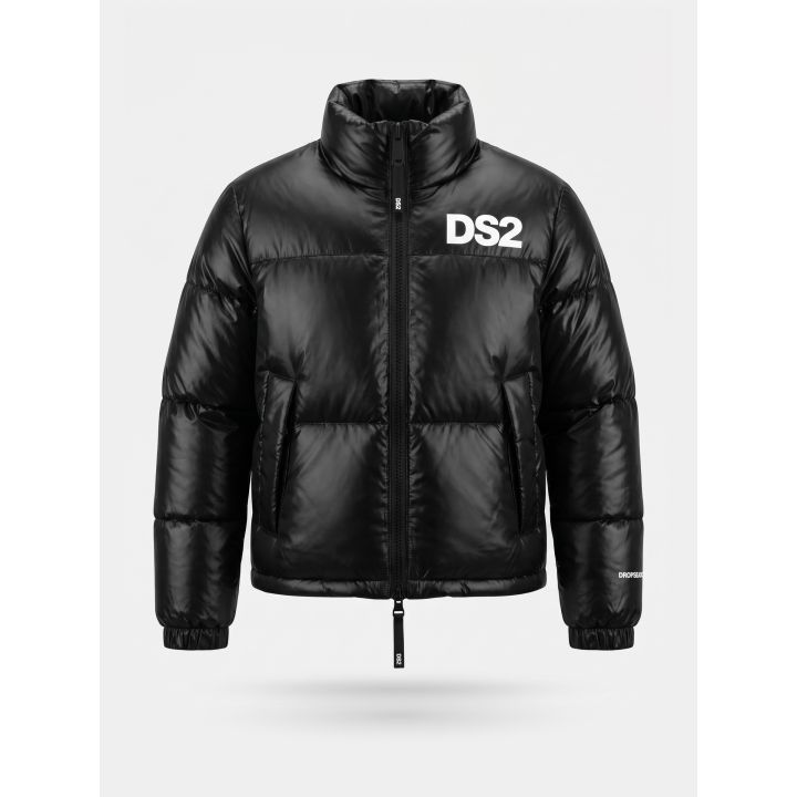 Giubbotto DS2 Drop Season 2 ragazza nero lucido trapuntato con collo alto e logo bianco, vista frontale