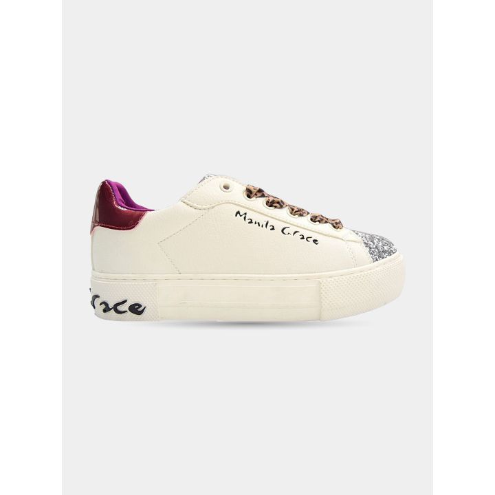 Sneakers Manila Grace bianche con punta glitter argento, lato esterno
