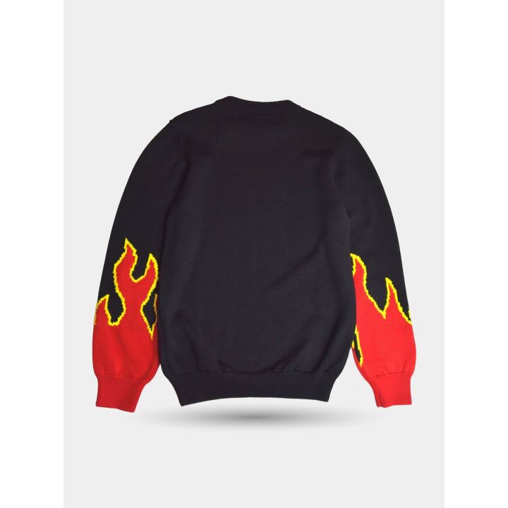 Retro del maglione GCDS nero con fiamme rosse sulle maniche