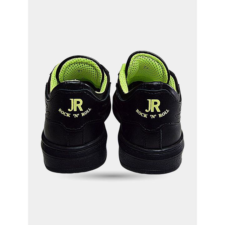Retro delle sneakers nere con logo JR Rock 'n' Roll verde fluo