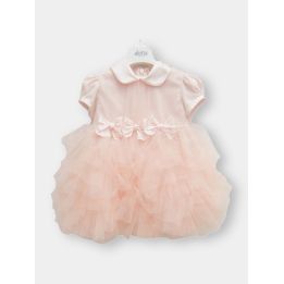 Abito da cerimonia Aletta rosa con balze di tulle, vista frontale