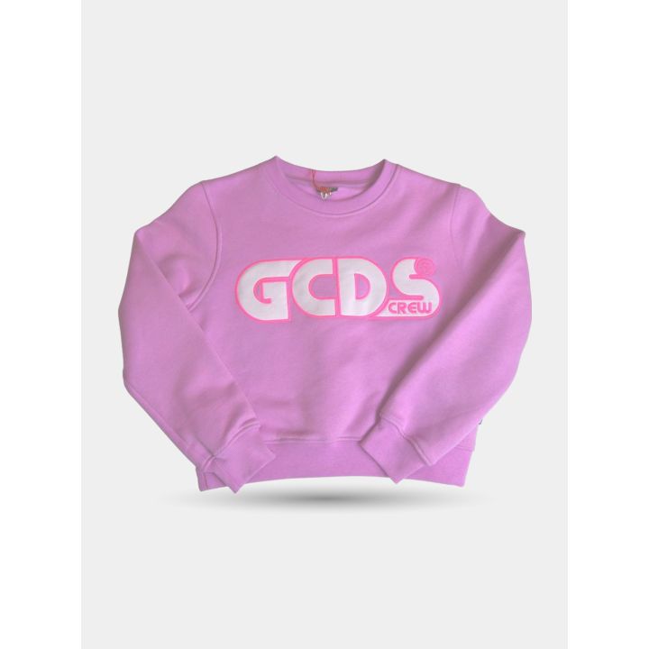 Felpa girocollo GCDS lilla vista frontale con maxi logo Crew