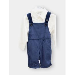 Abito da cerimonia Aletta: salopette blu e camicia bianca, vista frontale