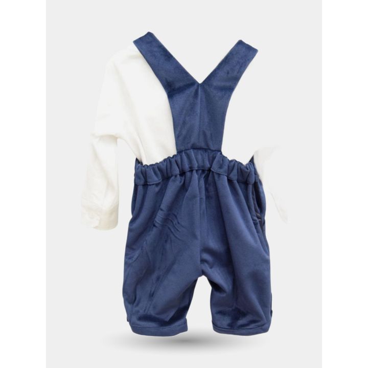 Retro della salopette blu con bretelle a V e vita elastica