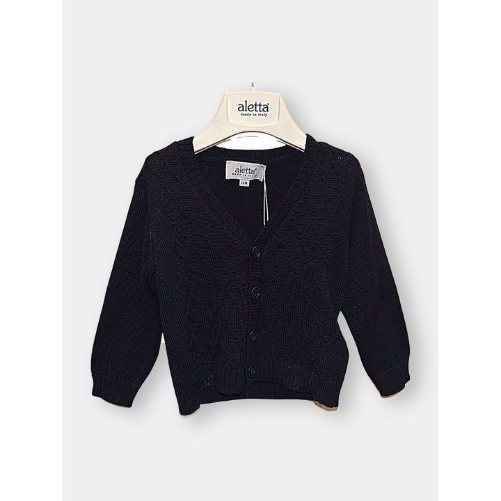 Cardigan Aletta blu da neonato con scollo a V e lavorazione a rombi, vista frontale