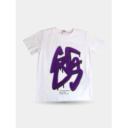 T-shirt GCDS bianca vista frontale con maxi logo viola effetto graffiti