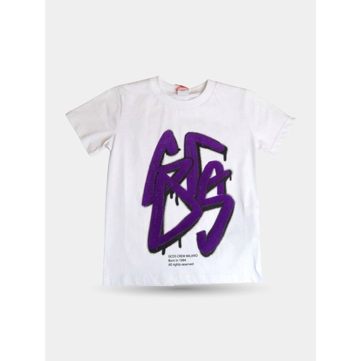 T-shirt GCDS bianca vista frontale con maxi logo viola effetto graffiti