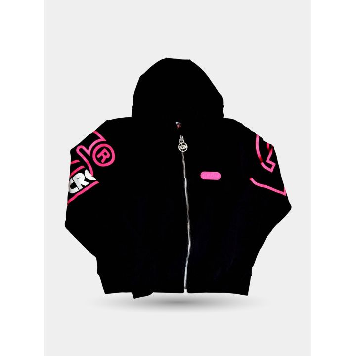 Felpa con zip e cappuccio GCDS nera vista frontale con placca fucsia