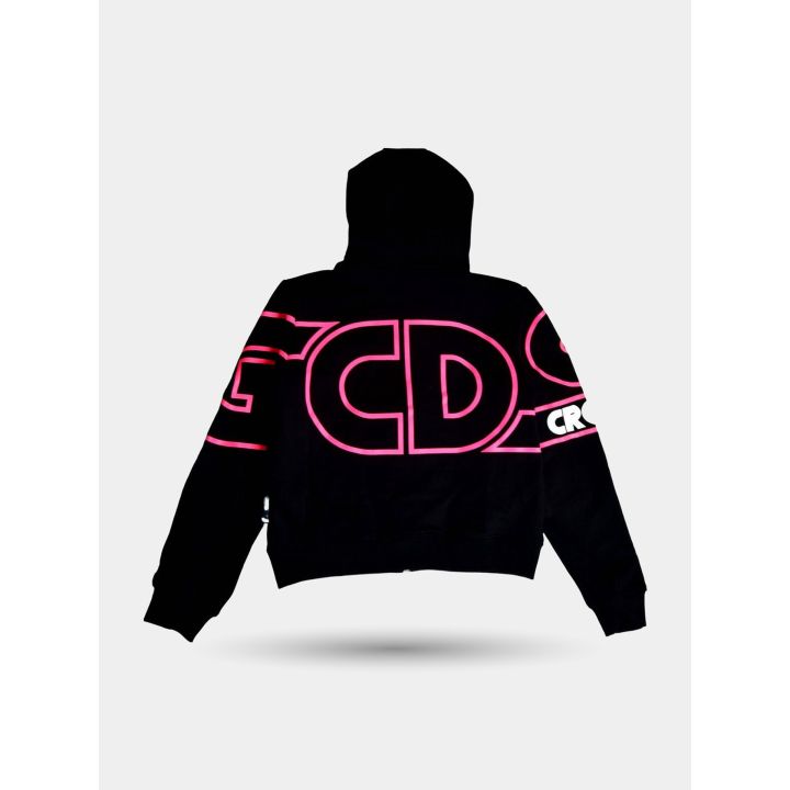 Retro della felpa GCDS nera con maxi logo fucsia sulla schiena