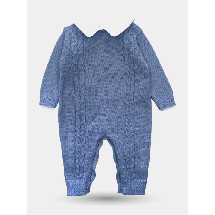 Tutina Aletta blu da neonato in maglia a trecce vista frontale