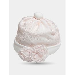 Cappellino Aletta da neonata in pizzo rosa con risvolto panna e due rose