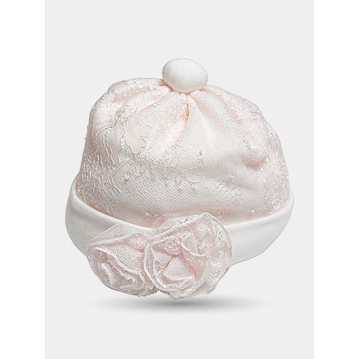 Cappellino Aletta da neonata in pizzo rosa con risvolto panna e due rose