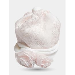 Cappello Aletta da neonata in pizzo rosa con fascia panna arricciata e rose