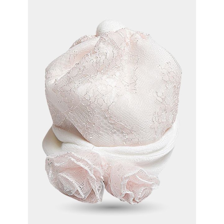 Cappello Aletta da neonata in pizzo rosa con fascia panna arricciata e rose