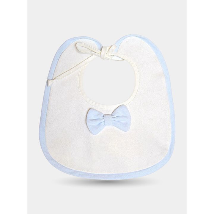 Bavaglio Aletta bianco con bordo azzurro e papillon applicato, vista frontale