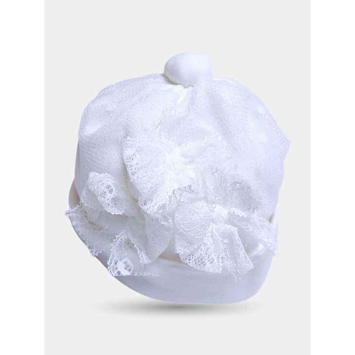 Cappello Aletta bianco da neonata con fiocco di pizzo e brillantini
