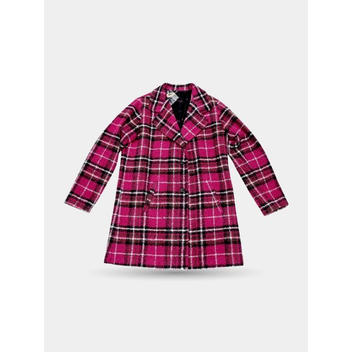 Cappotto Manila Grace a quadri rosa fucsia con revers, vista frontale