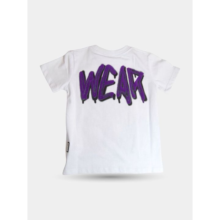 Retro della t-shirt GCDS bianca con scritta Wear viola effetto spray