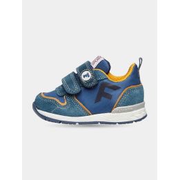 Sneakers Falcotto blu con grande F e profili arancio, vista laterale