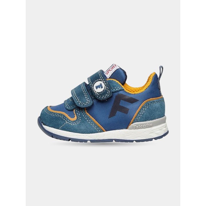 Sneakers Falcotto blu con grande F e profili arancio, vista laterale