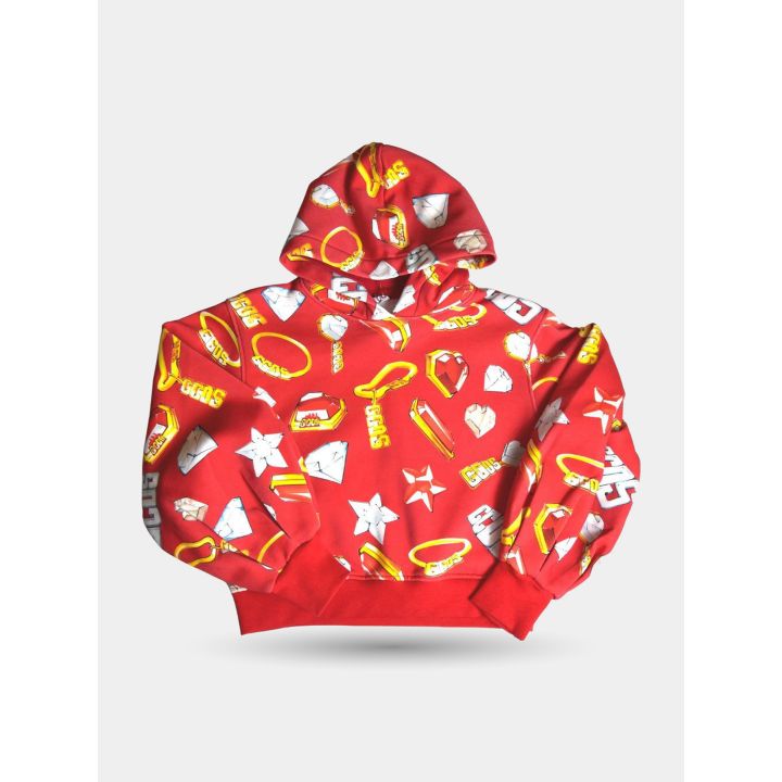 Felpa con cappuccio GCDS rossa vista frontale con stampa all-over
