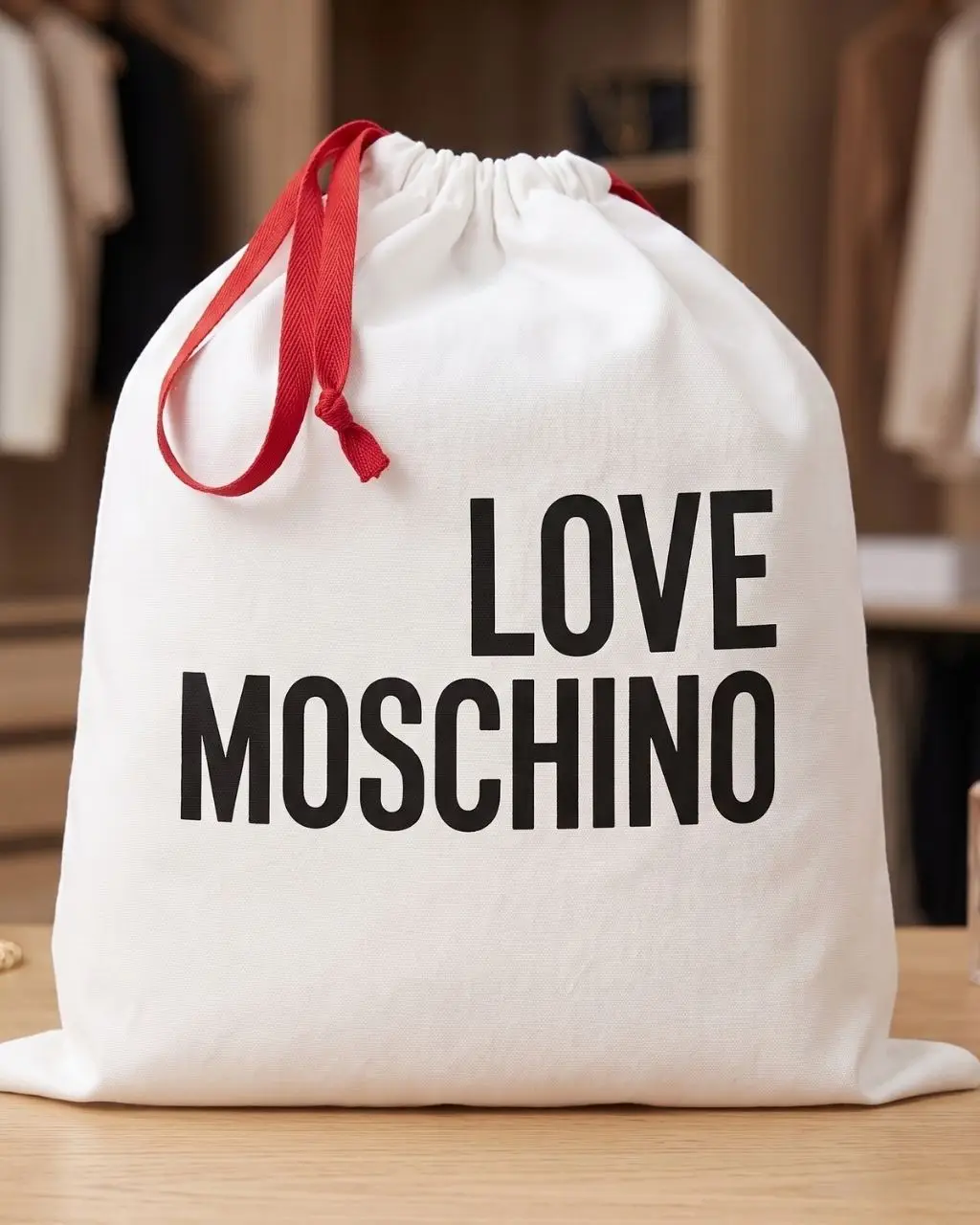Dust bag Love Moschino bianca in cotone con coulisse rossa e scritta nera